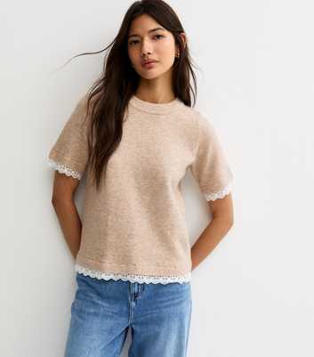 Oatmeal Lace Trim Knitted T-Shirt