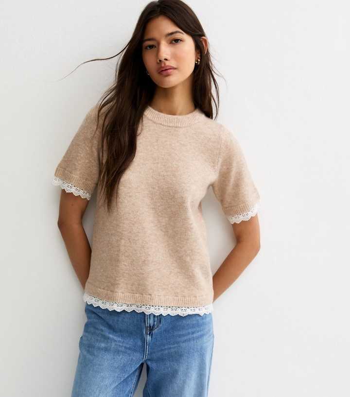 Oatmeal Lace Trim Knitted T-Shirt