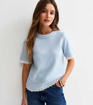 Light Blue Lace Trim Knitted T-Shirt