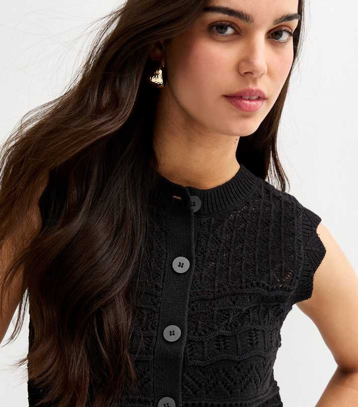 Black Cotton Rich Crochet Look Knit Waistcoat