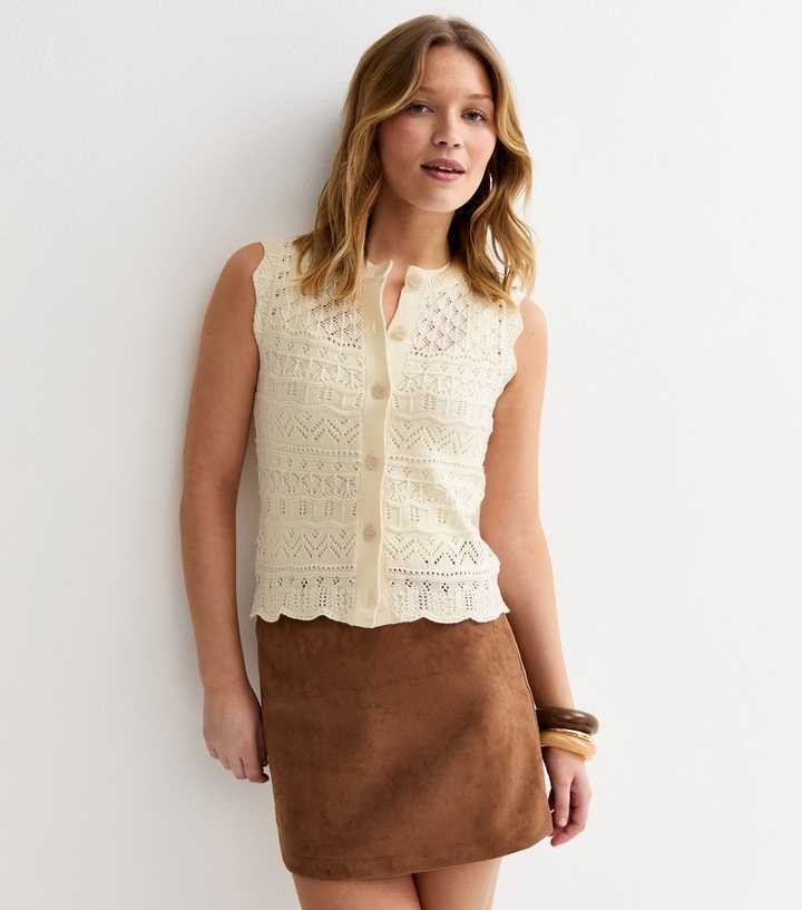 Cream Cotton Rich Crochet Look Knit Waistcoat