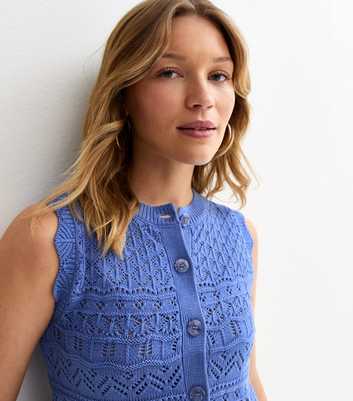 Blue Cotton Rich Crochet Look Knit Waistcoat