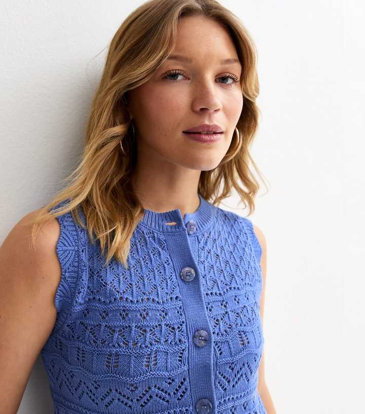 Blue Cotton Rich Crochet Look Knit Waistcoat