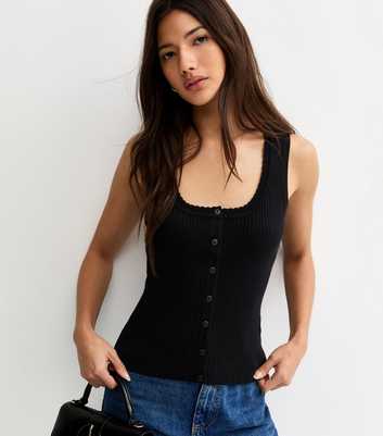 Black Ribbed Knit Scoop Neck Button Front Vest Top