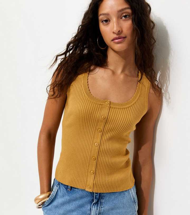 Dark Yellow Ribbed Knit Scoop Neck Button Front Vest Top