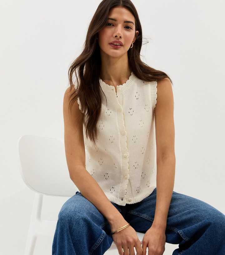 Cream Cotton Rich Stitch Detail Scallop Trim Waistcoat