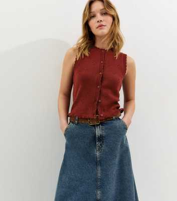 Dark Red Cotton Rich Stitch Detail Scallop Trim Waistcoat