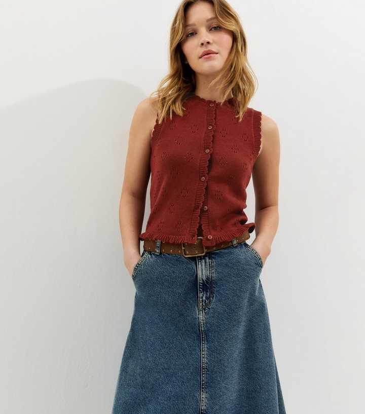 Dark Red Cotton Rich Stitch Detail Scallop Trim Waistcoat