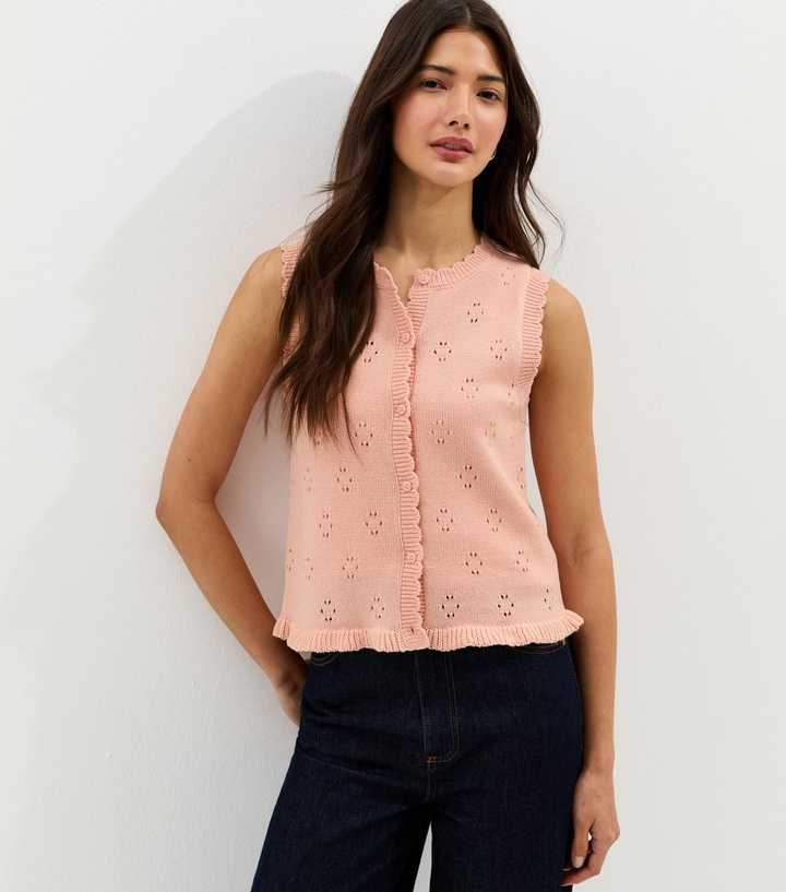 Pink Cotton Rich Stitch Detail Scallop Trim Waistcoat