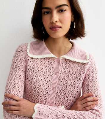 Lilac Cotton Rich Crochet-Look Knit Scalloped Collar Cardigan