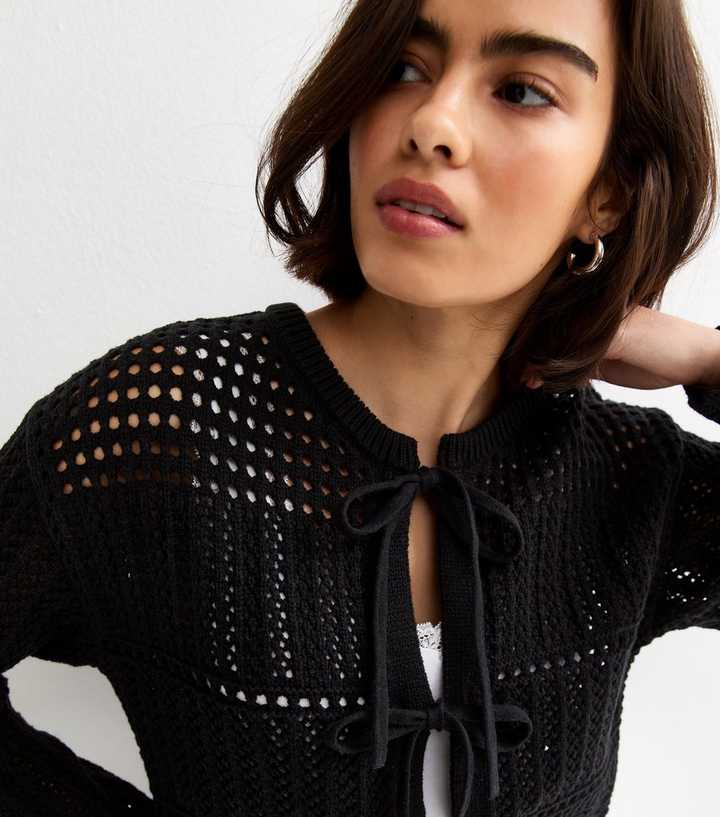 Black Cotton Rich Patterned Knit Tie Front Cardigan