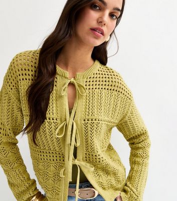 Green Cotton Rich Patterned Knit Tie Front Cardigan | New Look