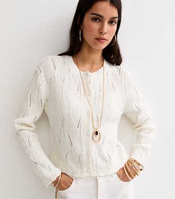 Cream Cotton Rich Ladder Stitch Scallop Trim Knitted Cardigan