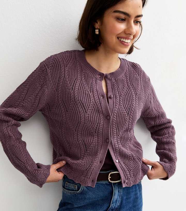 Light Purple Cotton Rich Ladder Stitch Scallop Trim Knitted Cardigan