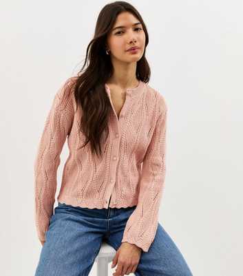 Pink Cotton Rich Ladder Stitch Scallop Trim Knitted Cardigan