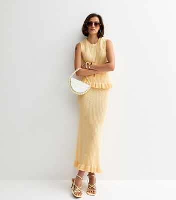 Yellow Cotton Rich Stitchy Knit Frill Hem Midi Skirt