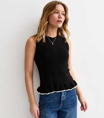 Black Cotton Rich Textured Knit Frill Hem Vest