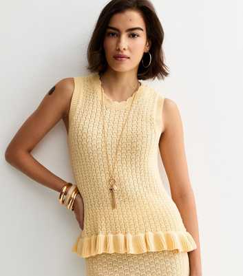 Yellow Cotton Rich Textured Knit Frill Hem Vest
