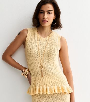 Yellow Cotton Rich Textured Knit Frill Hem Vest | New Look