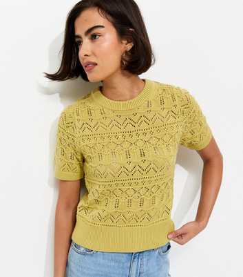 Green Cotton Rich Patterned Knit Short Sleeve Top