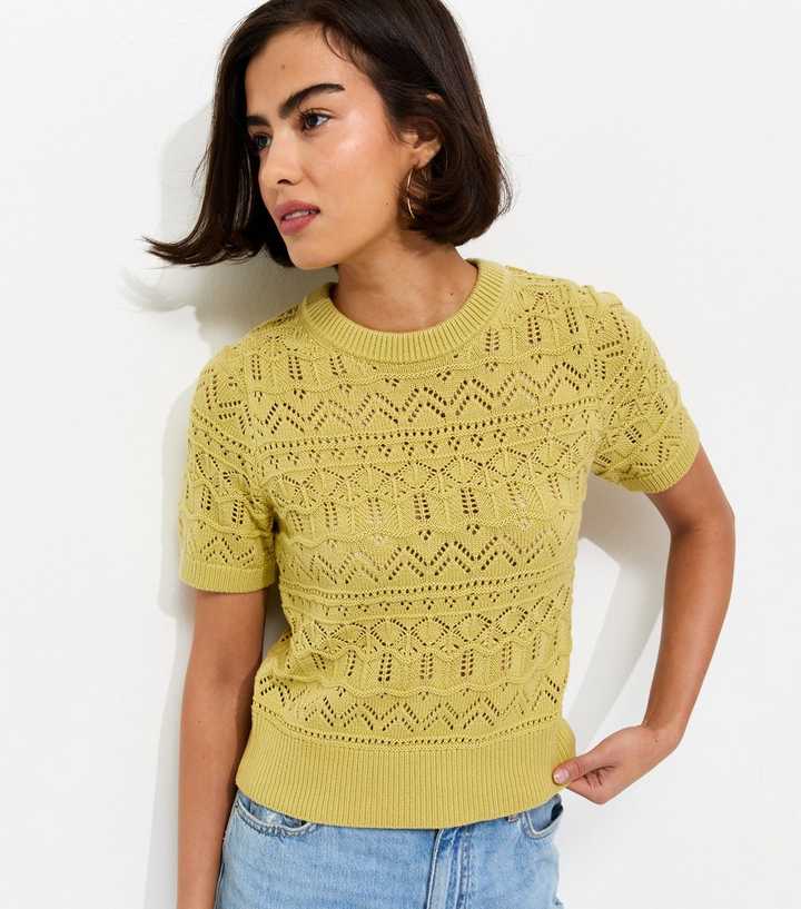 Green Cotton Rich Patterned Knit Short Sleeve Top