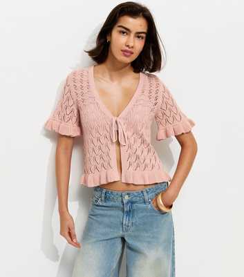 Light Pink Front Tie Short Sleeve Crochet Cardigan