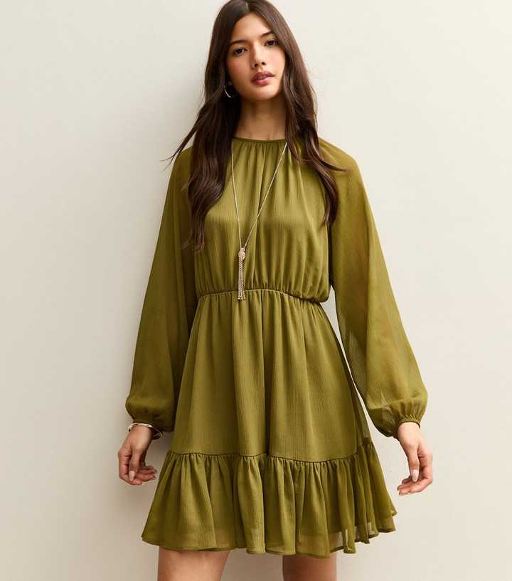 Light Khaki Chiffon Tiered Mini Dress | New Look
