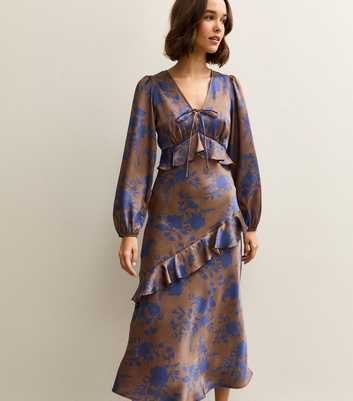 Brown Floral Satin Ruffled Midi Dress