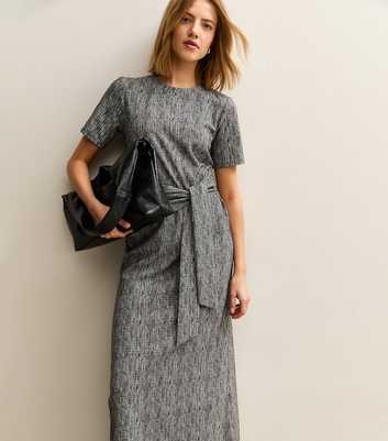 Grey Bark Print Belted T-Shirt Midi Dress