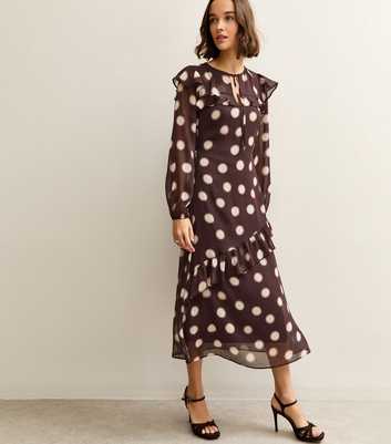 Brown Chiffon Blurred Polka Dot Midi Dress