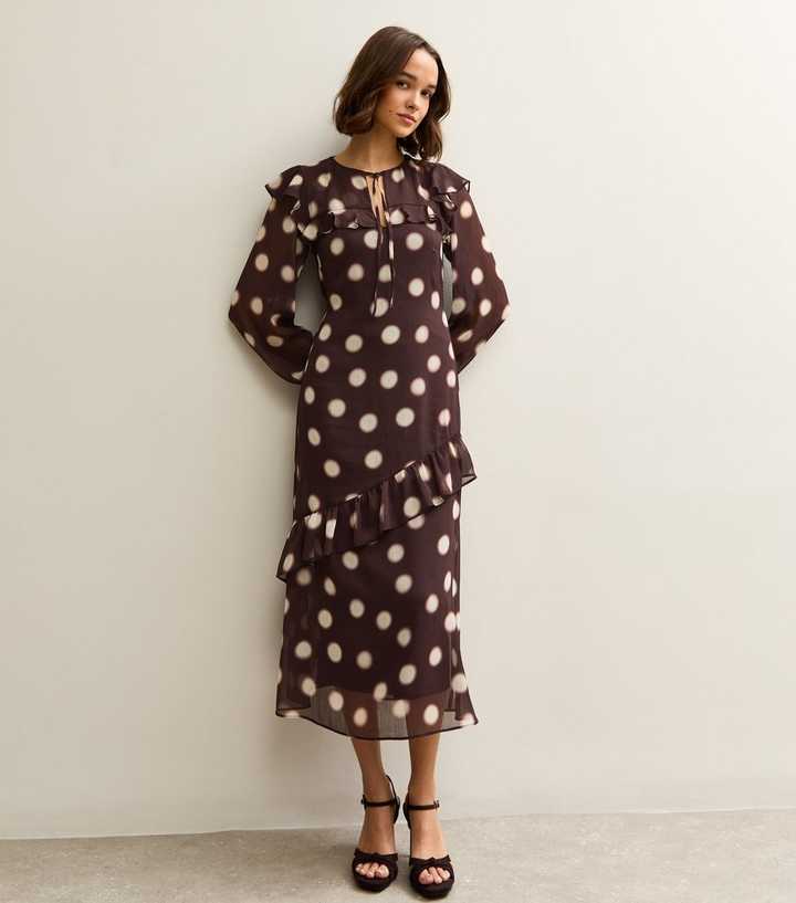 Brown Chiffon Blurred Polka Dot Midi Dress | New Look