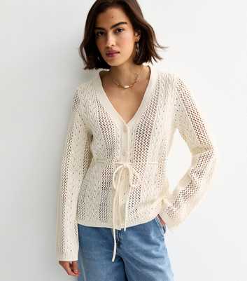 Cream Cotton Rich Stitchy Knit Tie Waist Cardigan