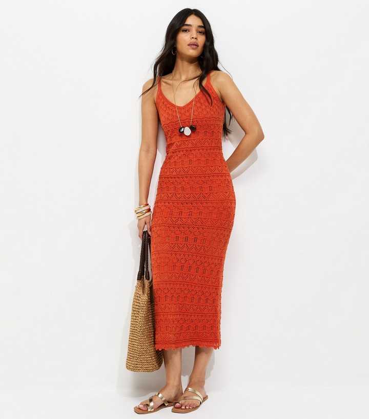 Bright Orange Cotton Rich Open Knit V-Neck Midi Dress