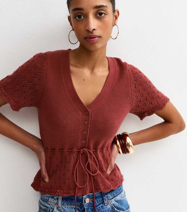 Dark Red Cotton Rich Knit Tie Waist Short Sleeve Cardigan
