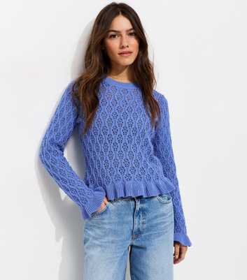 Petite Blue Pointelle Frilly Hem Jumper