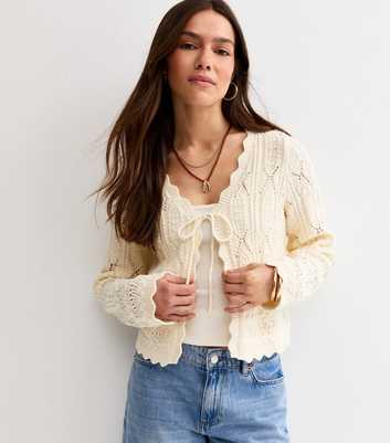 Petite Cream Cotton Rich Stitchy Crochet-Look Knit Tie Cardigan