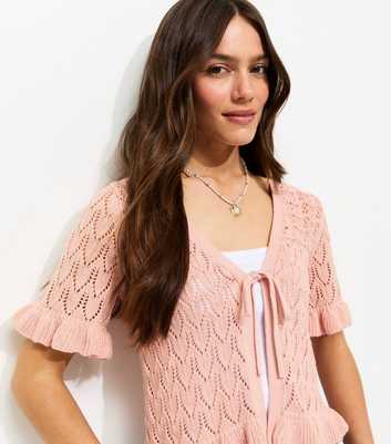 Petite Light Pink Open Knit Stitch Tie Short Sleeve Cardigan