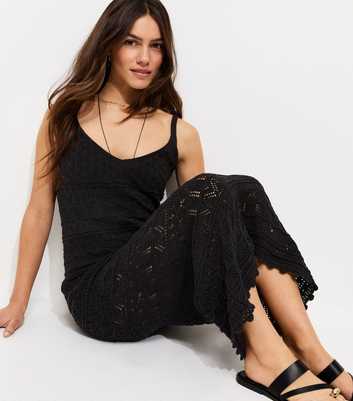 Petite Black Pointelle Knit V Neck Midi Dress
