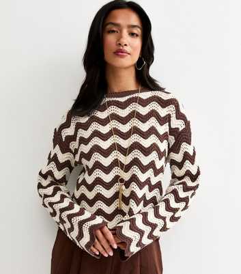Petite Brown Cotton Rich Wavy Stitchy Knit Jumper