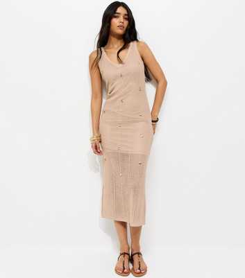 Oatmeal Stitchy Crochet Shell Applique Dress
