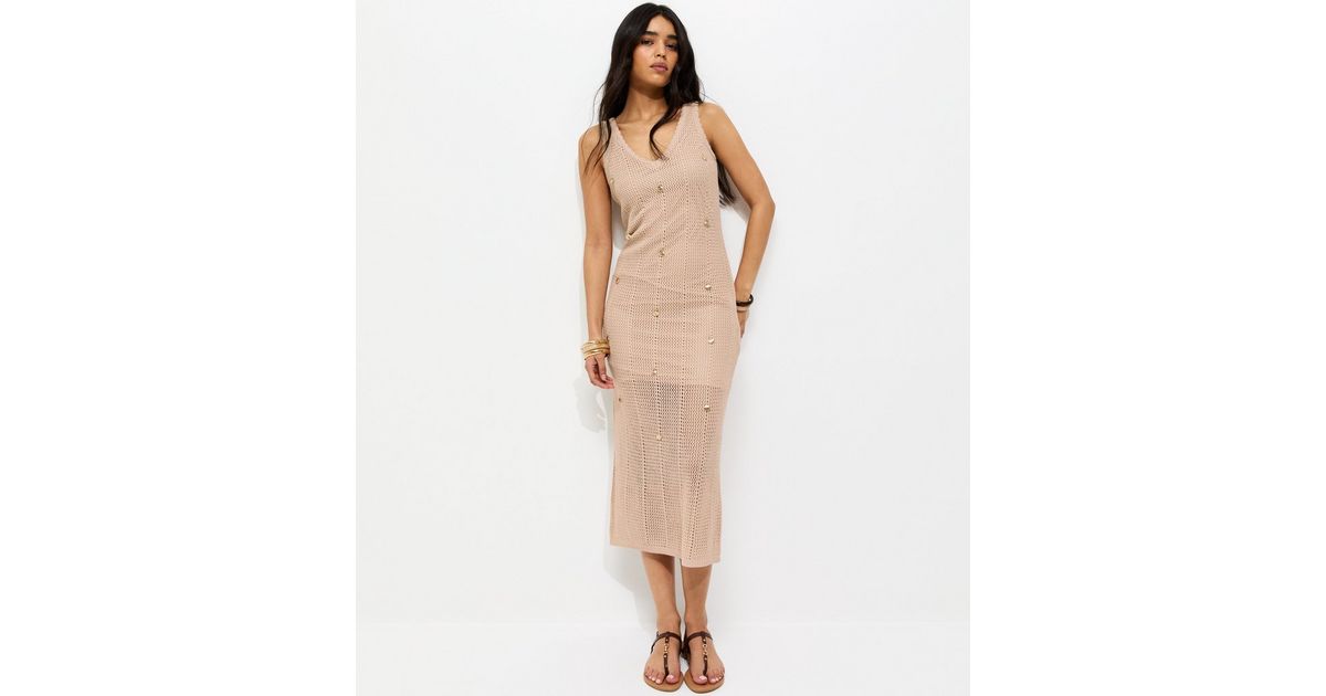 Oatmeal Stitchy Crochet Shell Applique Dress