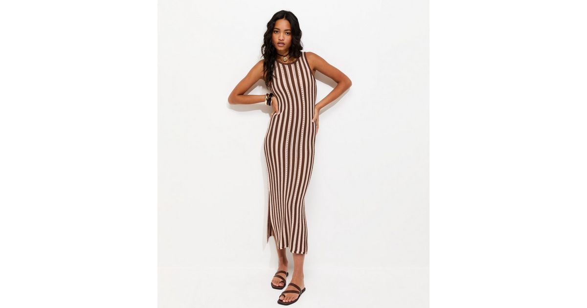 Pink Stitchy Striped Crochet Midi Dress