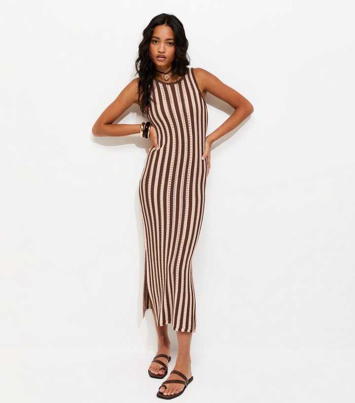 Pink Stitchy Striped Crochet Midi Dress