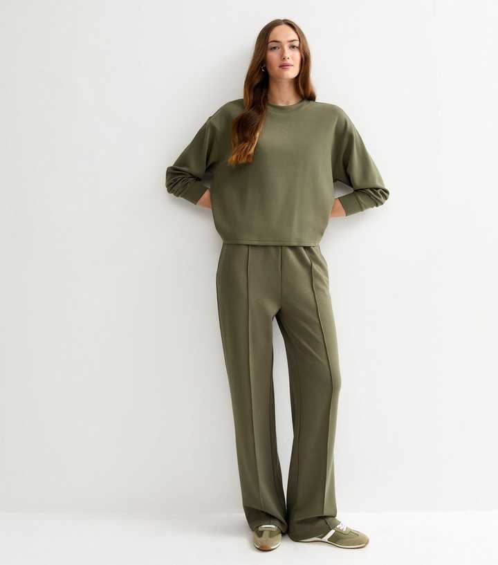 Tall Premium Dark Khaki Jersey Wide Leg Joggers