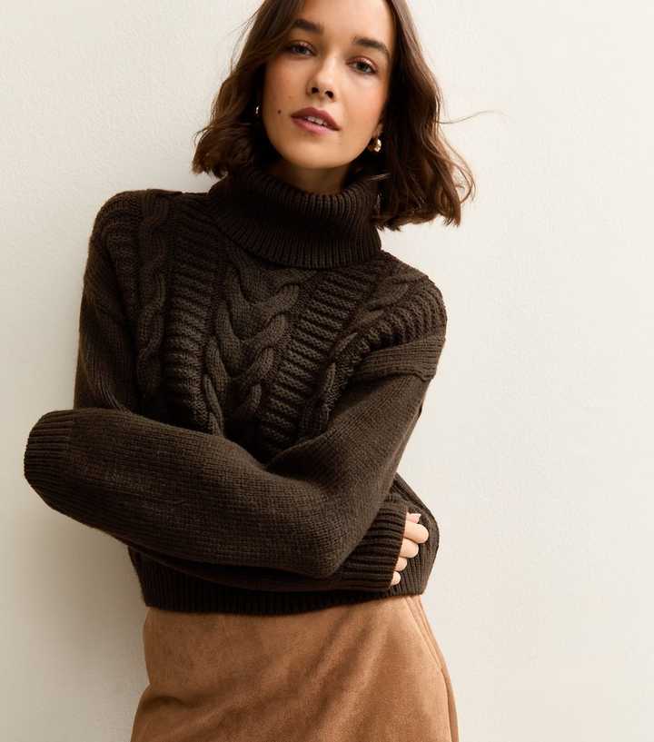 Dark Brown Cable Knit Roll Neck Jumper