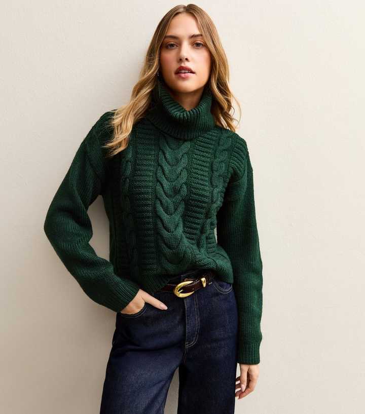 Dark Green Cable Knit Roll Neck Jumper