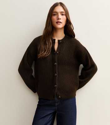Dark Brown Rib Knit Cardigan
