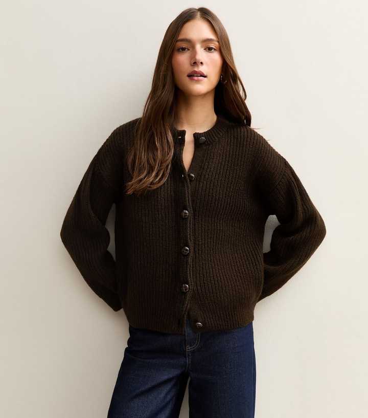 Dark Brown Rib Knit Cardigan