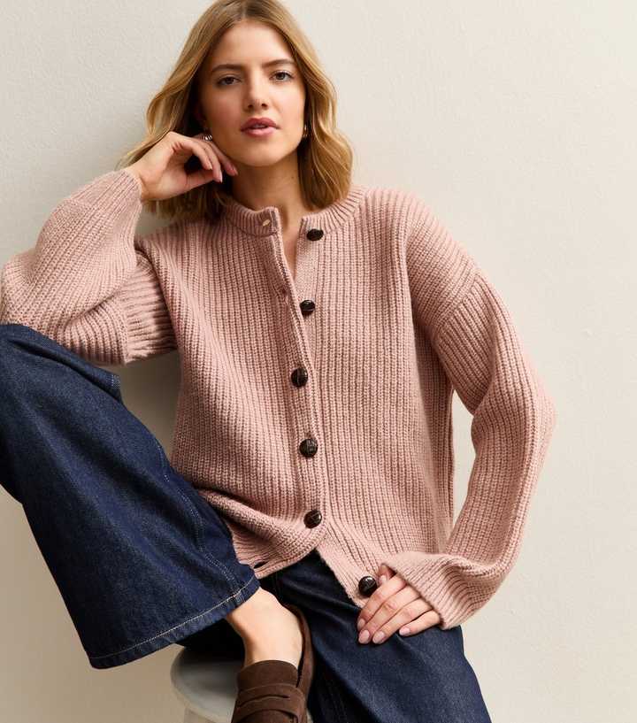 Mid Pink Rib Knit Cardigan