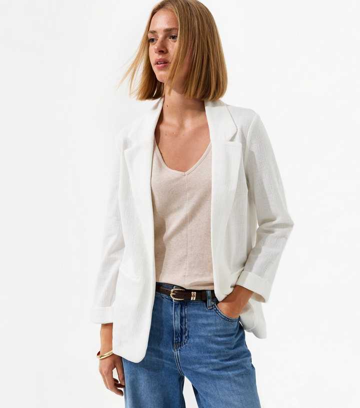 White Stretchy Textured Jersey Blazer